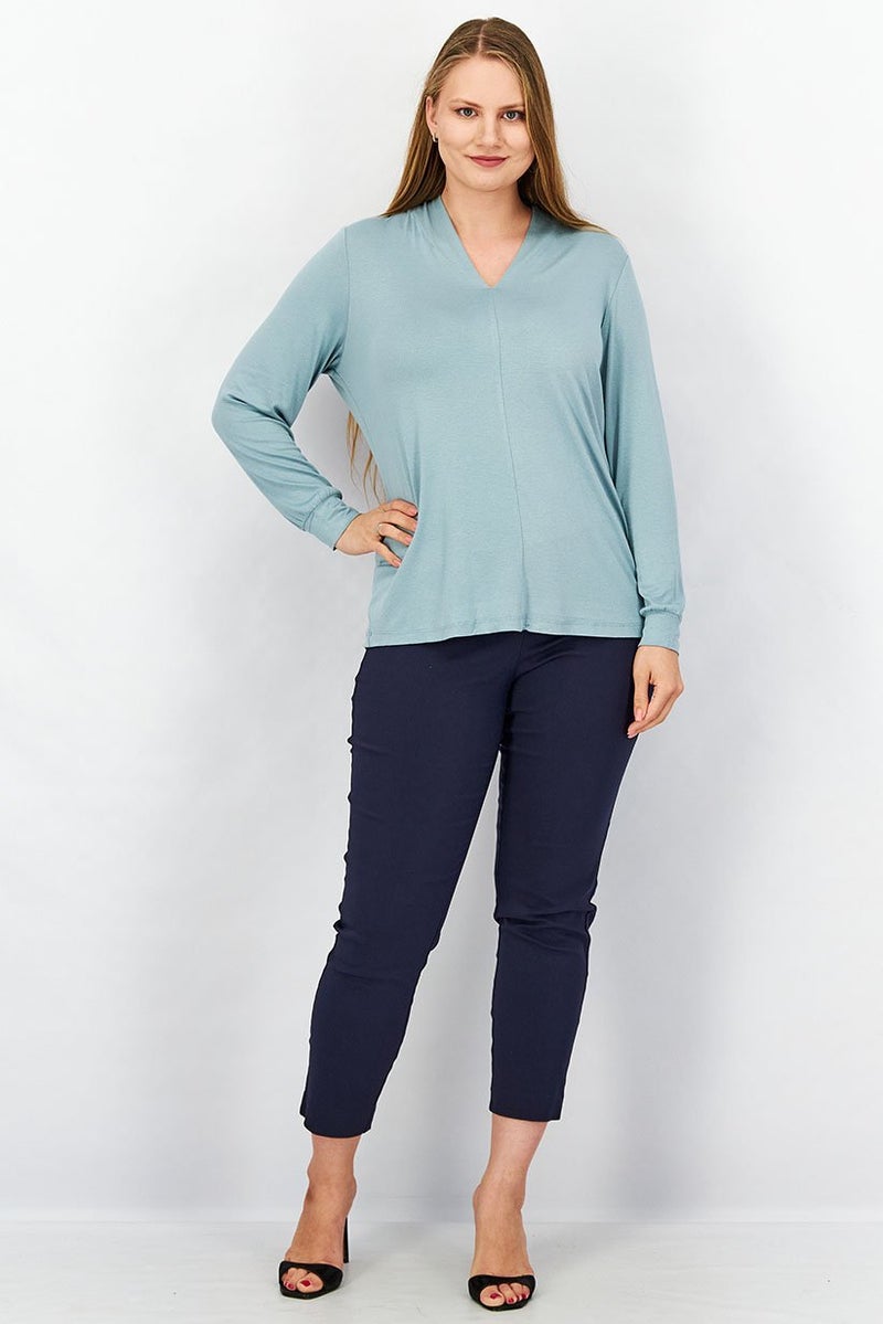 Tchibo Women V Neck Long Sleeve Solid Top, Dusty Blue - Image 4